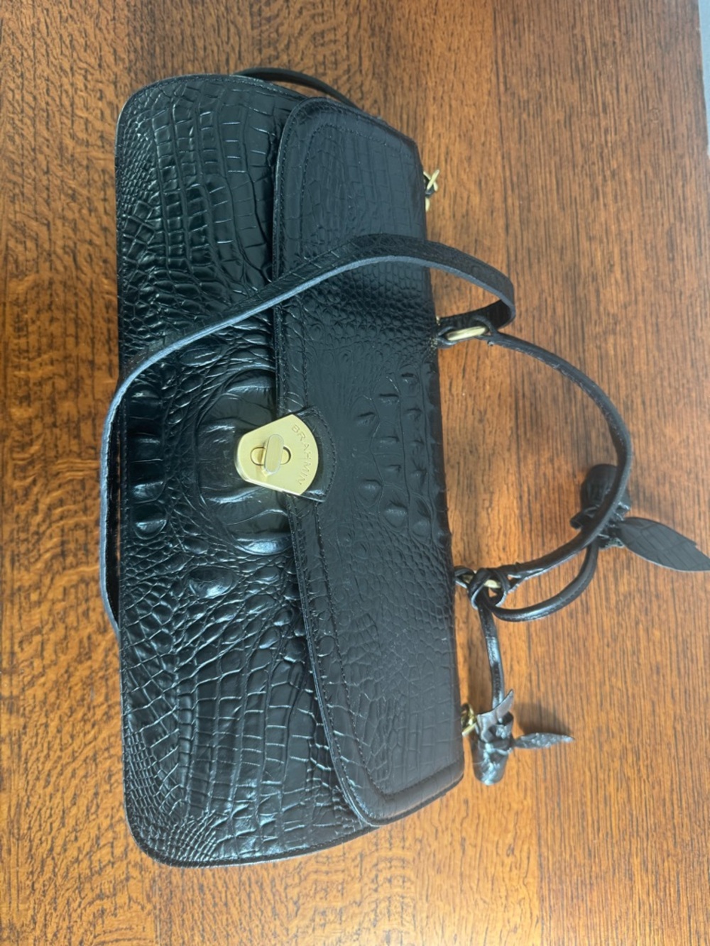 Brahmin Black Croc-Embossed Barrel Bag with Crossbody Strap - Picture 11 of 15